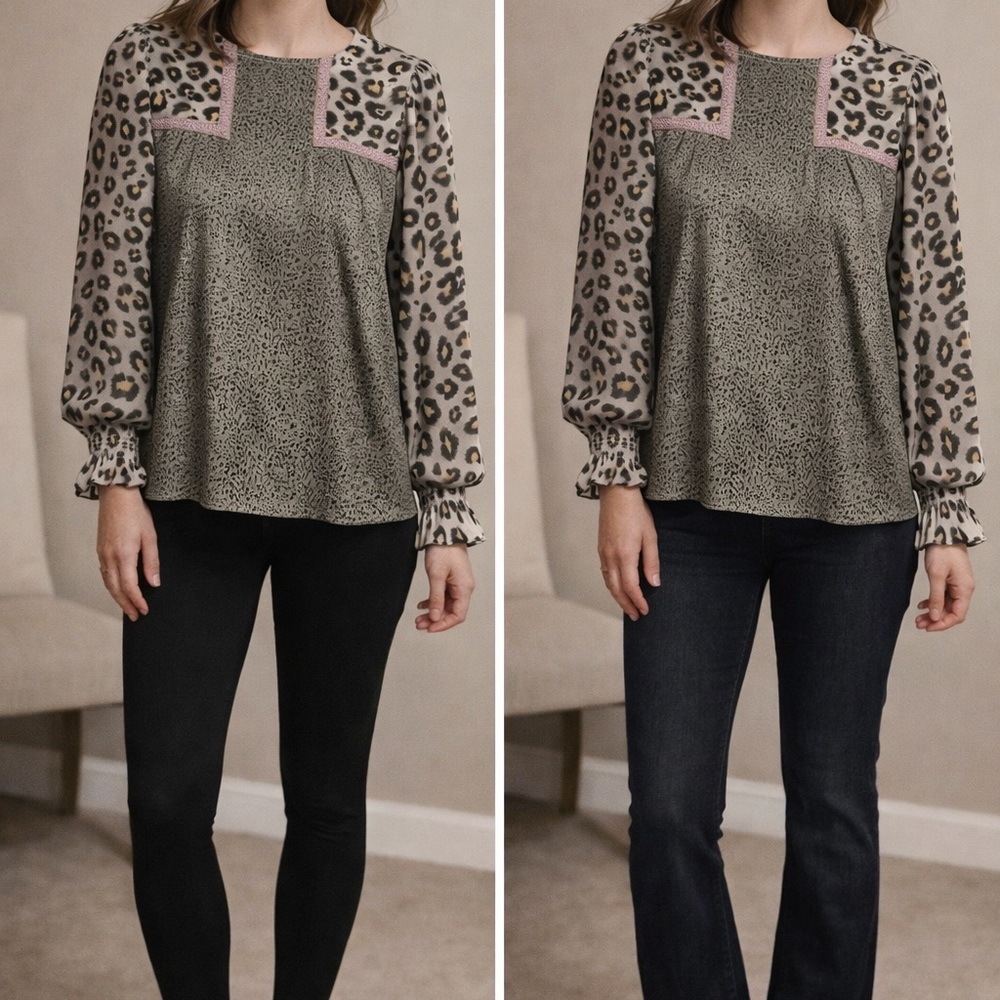 Entro Leopard Print Long Sleeve Blouse